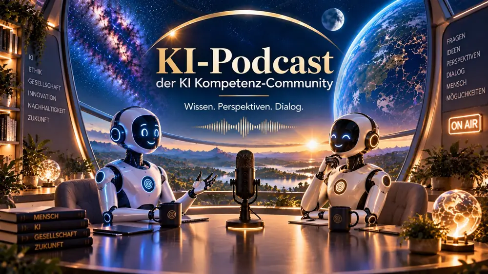 Zwei freundliche Roboter sitzen an einem Podcast-Mikrofon