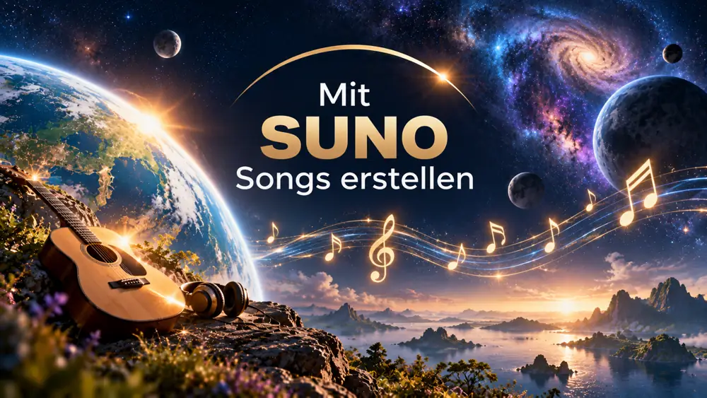 Gitarre und Kopfhörer vor einem Sternenhimmel mit goldenen Noten: Mit SUNO Songs erstellen